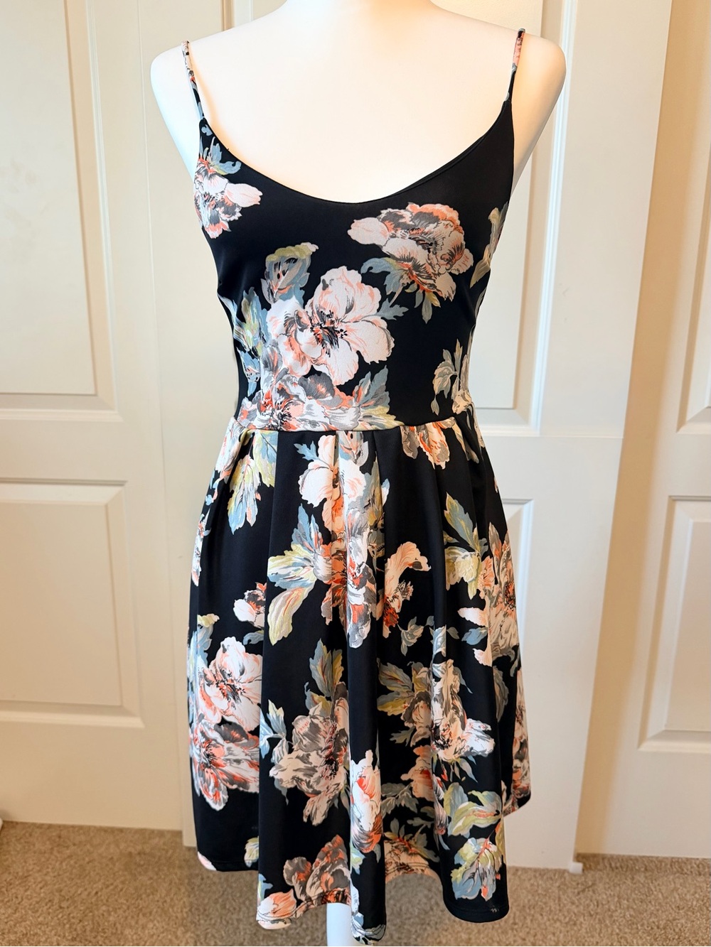 Soprano Black Floral Spaghetti-Strap Mini Dress with Pink and Green Blooms